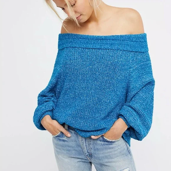 Free People Edessa Pullover Blue Off Shoulder Knit Sweater Balloon Sleeve Size S - Picture 11 of 12